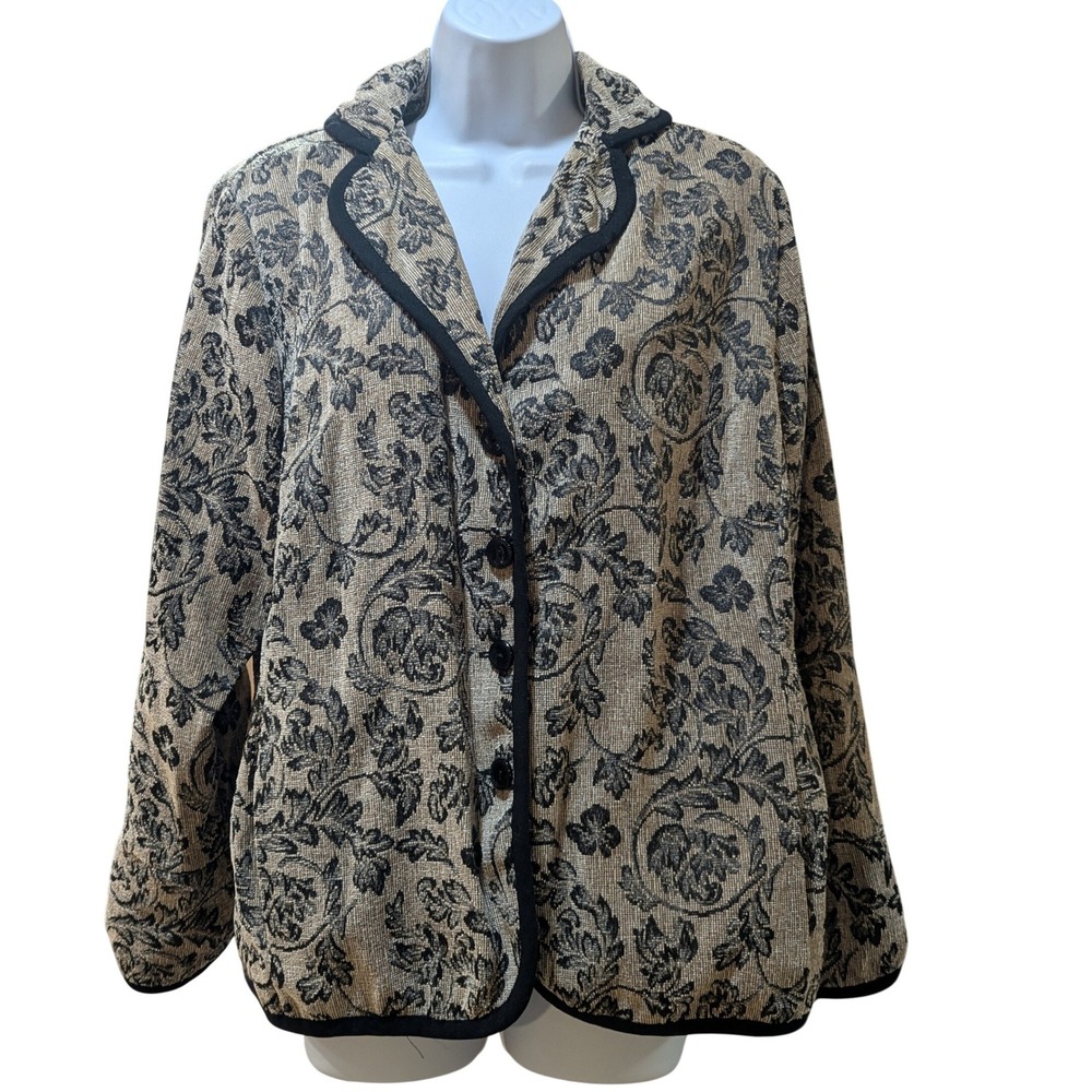Brooke Coleman Women 14W Tapestry Blazer Floral Damask Button Front Jacket Tan